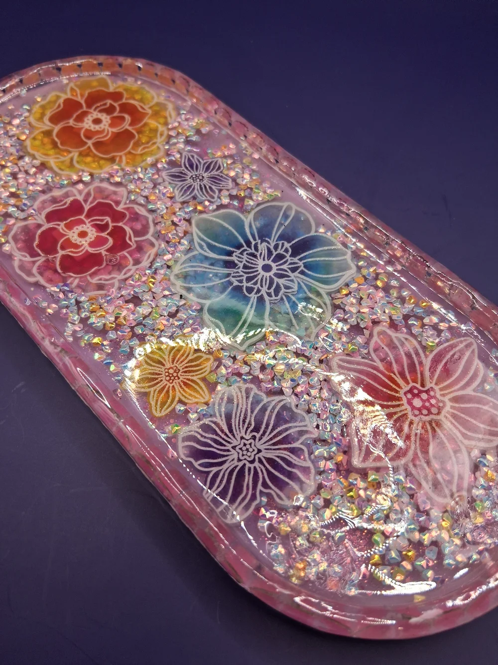 Handcrafted Floral Resin Trinket Tray in Rainbow Pastels